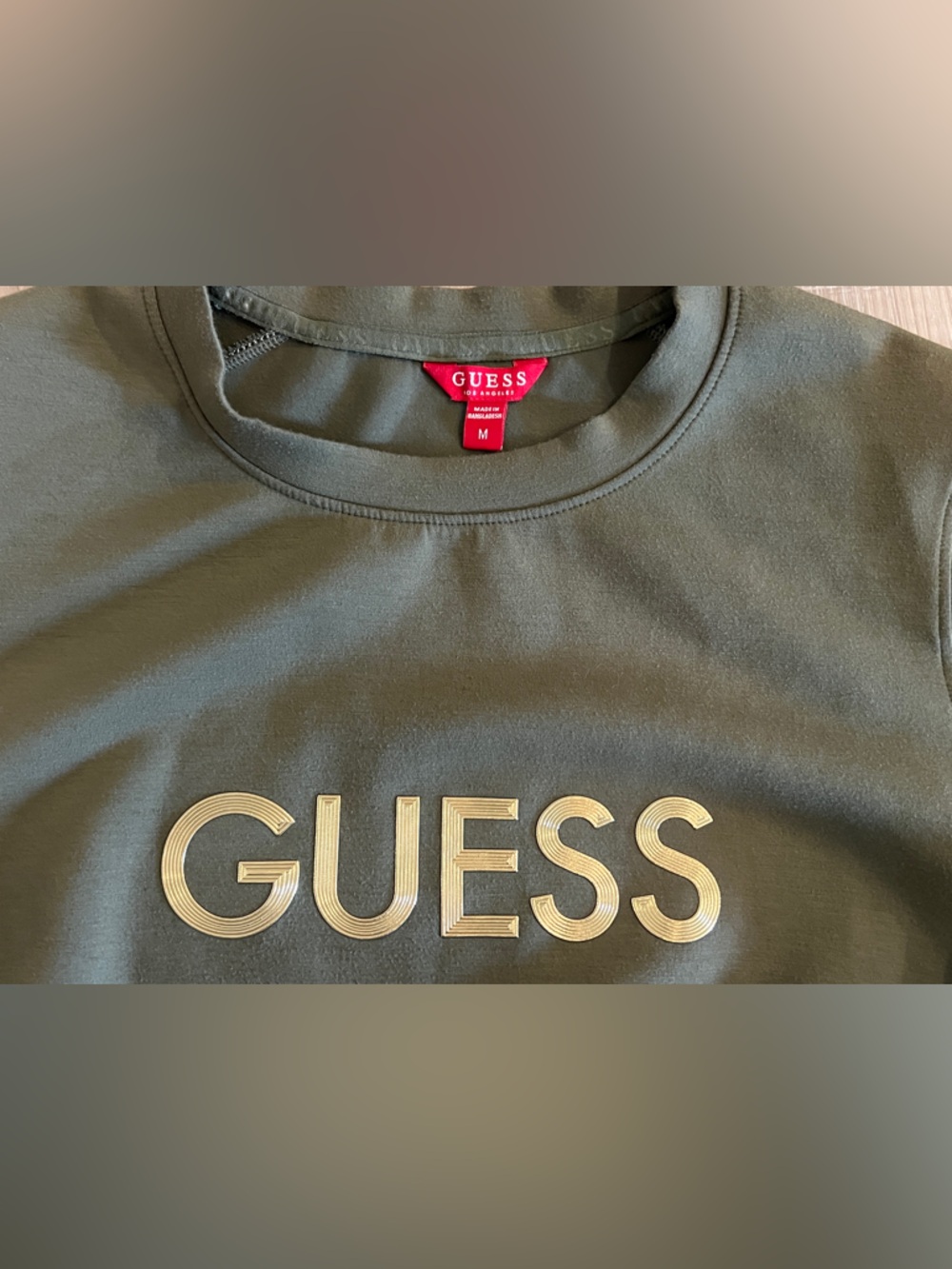 GUESS Womens SOL Logo Sweatshirt Size M Olive Green with Metallic Gold Logo